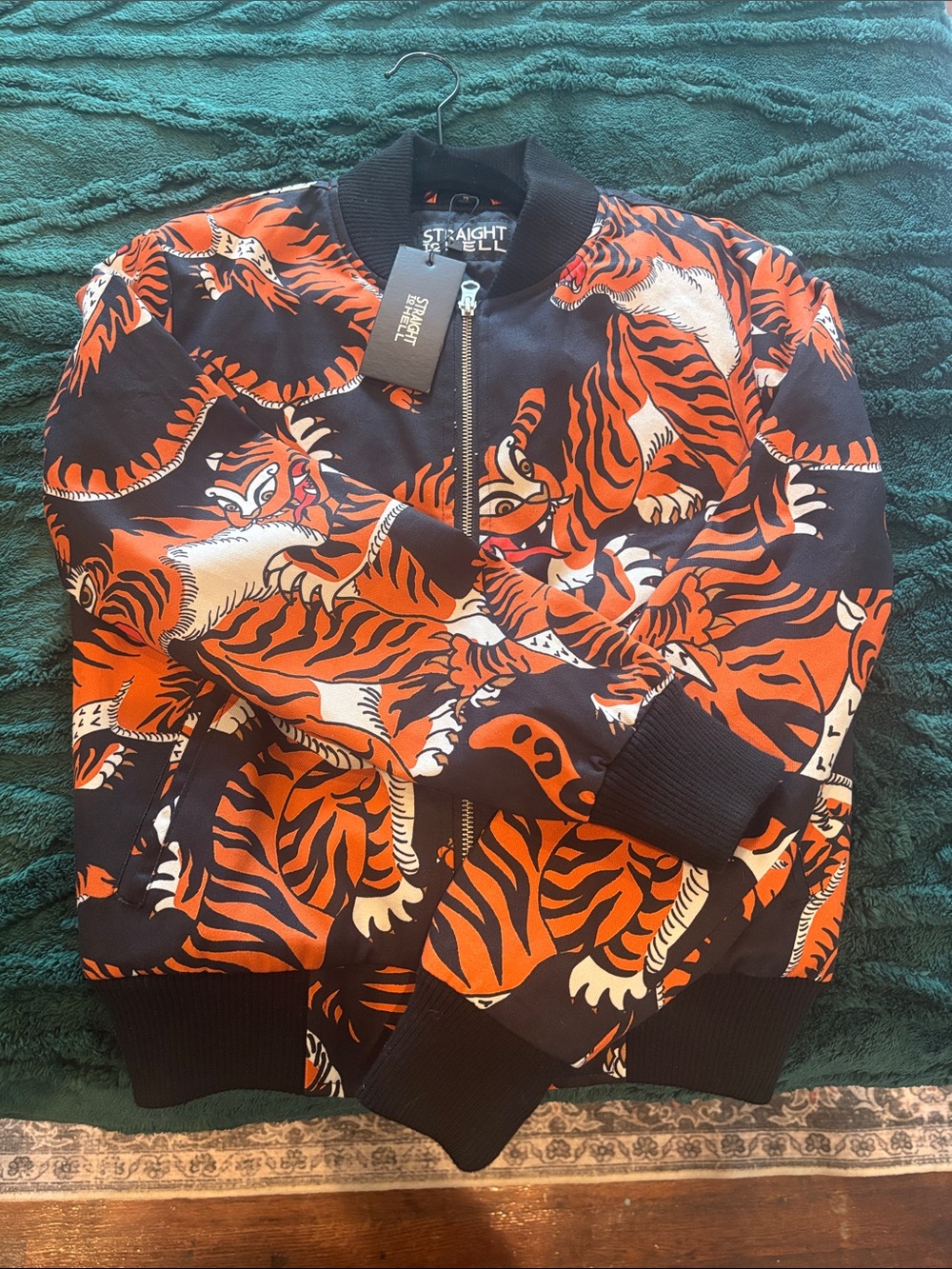 Straight To Hell Men’s Black and Orange Tiger-Print Zip-Up Sweater